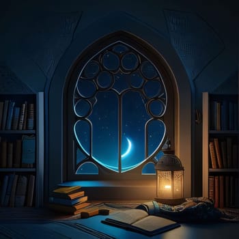 A decorated mosque window with a view of the Crescent Moon, shelves of books in the house and a burning lantern. Ramadan as a time of fasting and prayer for Muslims. A time to meet with Allah.