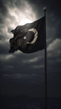 Flying a flag with a crescent and a star on a pole against the moon at night. Ramadan as a time of fasting and prayer for Muslims. A time to meet with Allah.