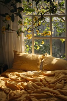A hardwood bed with yellow linens and pillows is placed in front of a window overlooking yellow flowers. The room is decorated with twig accents and shades of plant green
