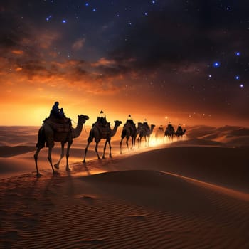 A man leading a herd of camels through the desert at sunset stars in the sky. Ramadan as a time of fasting and prayer for Muslims. A time to meet with Allah.