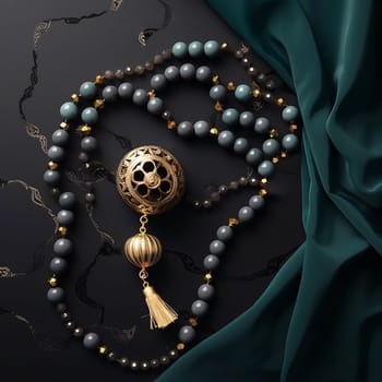 Rosary bracelet with beads and gold pendant on dark fabric. Ramadan as a time of fasting and prayer for Muslims. A time to meet with Allah.