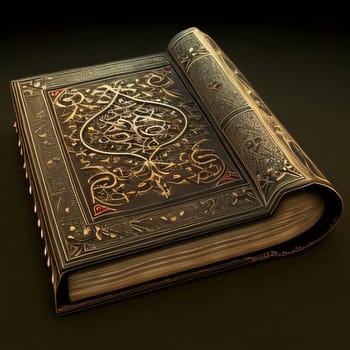Decorated Quran book on a brown background. Ramadan as a time of fasting and prayer for Muslims. A time to meet with Allah.