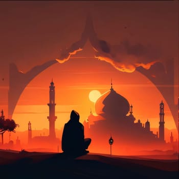 Illustration, a man wearing a hoodie sitting in front of a silhouette of a mosque at sunset. Ramadan as a time of fasting and prayer for Muslims.A time to meet with God.