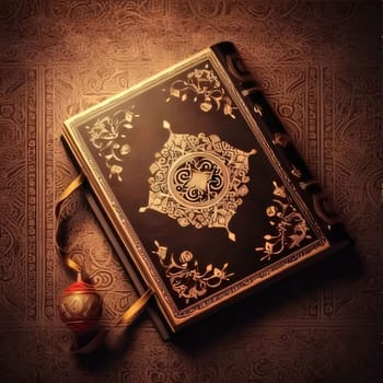 Decorated Quran book on a brown background. Ramadan as a time of fasting and prayer for Muslims. A time to meet with Allah.