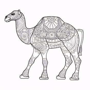 Black and White coloring page. A camel with decorations. Ramadan as a time of fasting and prayer for Muslims.A time to meet with God.