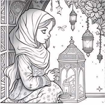 Black and White coloring page, young girl in hijab by lantern. Ramadan as a time of fasting and prayer for Muslims.A time to meet with God.