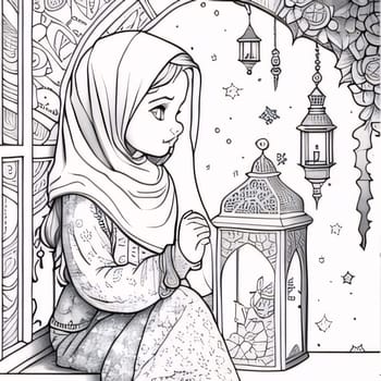 Black and White coloring page, young girl in hijab by lantern. Ramadan as a time of fasting and prayer for Muslims.A time to meet with God.