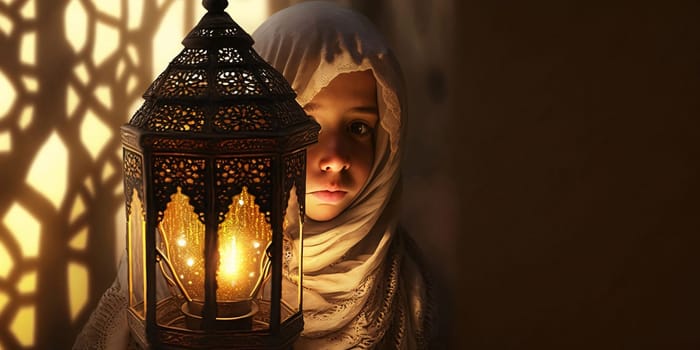 A young girl in hijab, standing in front of a burning lantern in a mosque. Ramadan as a time of fasting and prayer for Muslims.A time to meet with God.