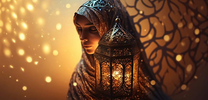 A young woman in hijab with an elegantly burning, richly decorated lantern. Ramadan as a time of fasting and prayer for Muslims.A time to meet with God.