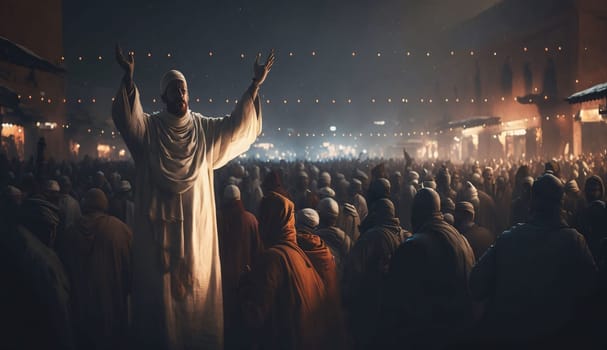 A man in White attire with his hands up, addressing a crowd of men in prayer. Ramadan as a time of fasting and prayer for Muslims.A time to meet with God.