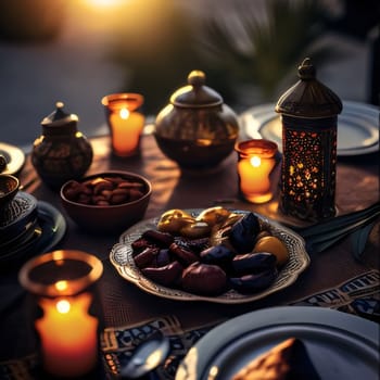 A set table with burning candles, lanterns and traditional Muslim dishes at the end of Ramadan. Ramadan as a time of fasting and prayer for Muslims.A time to meet with God.
