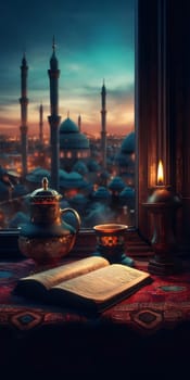 On the window burning candle decorated kettle and Cup open book of the Koran, outside the window view of the great mosque. Ramadan as a time of fasting and prayer for Muslims.A time to meet with God.