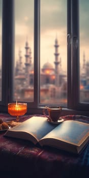 On the window burning candle decorated kettle and Cup open book of the Koran, outside the window view of the great mosque. Ramadan as a time of fasting and prayer for Muslims.A time to meet with God.