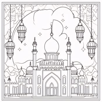 A black and white coloring sheet, hanging lanterns and a large mosque building. Ramadan as a time of fasting and prayer for Muslims.A time to meet with God.