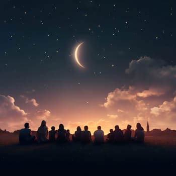 People sitting and watching the Crescent Moon in the sky sunset. Ramadan as a time of fasting and prayer for Muslims.A time to meet with God.
