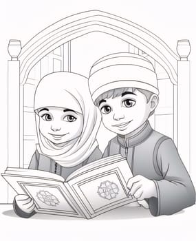 Black and white coloring page, young children holding and reading a book of the Quran. Ramadan as a time of fasting and prayer for Muslims.A time to meet with God.
