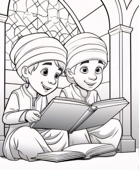 Black and white coloring page, young children holding and reading a book of the Quran. Ramadan as a time of fasting and prayer for Muslims.A time to meet with God.