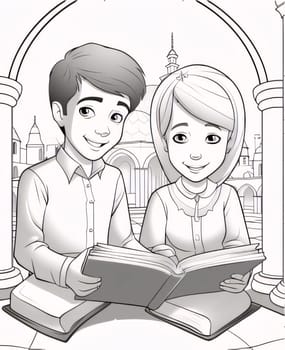 Black and white coloring page, young children holding and reading a book of the Quran. Ramadan as a time of fasting and prayer for Muslims.A time to meet with God.