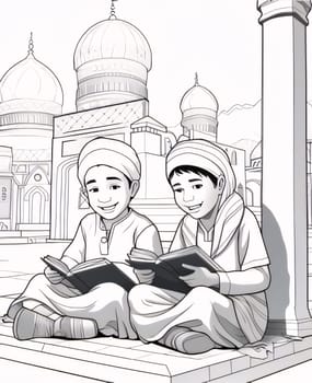 Black and white coloring page, young children holding and reading a book of the Quran. Ramadan as a time of fasting and prayer for Muslims.A time to meet with God.