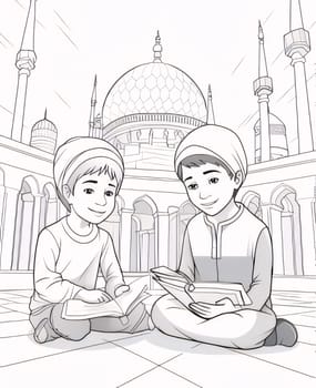 Black and white coloring page, young children holding and reading a book of the Quran. Ramadan as a time of fasting and prayer for Muslims.A time to meet with God.