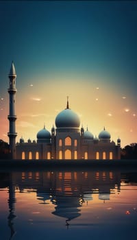 White mosque with minaret, then over the water mirror reflection, sunset. Mosque as a place of prayer for Muslims. A time to meet with Allah.