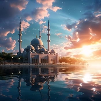 Mosque building with minarets, over water, sunset. Mosque as a place of prayer for Muslims. A time to meet with Allah.