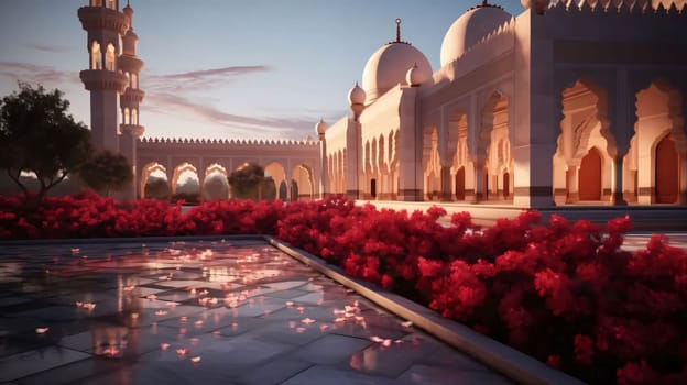 Mosques minarets, red flowers, square at the mosque. Mosque as a place of prayer for Muslims. A time to meet with Allah.