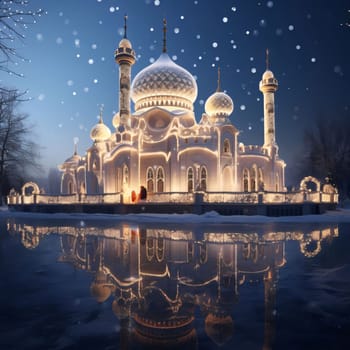 Mosque decorated with lights on a blue background in winter Mirror reflection. Mosque as a place of prayer for Muslims. A time to meet with Allah.