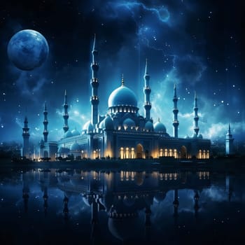 Mosque with minarets, mirrored in water moon in the sky at night. Mosque as a place of prayer for Muslims. A time to meet with Allah.