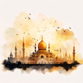 Paint illustration, mosque with minarets white background. Mosque as a place of prayer for Muslims. A time to meet with Allah.