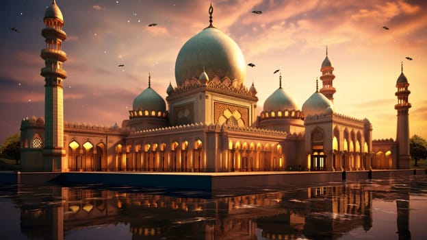 Large mosque with minarets, lights at sunset over the water. Mosque as a place of prayer for Muslims. A time to meet with Allah.