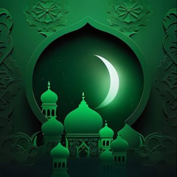 Green illustration showing a mosque tower and a crescent green background. Mosque as a place of prayer for Muslims. A time to meet with Allah.