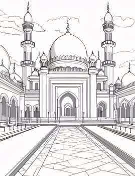 Black and white coloring sheet of a mosque. Mosque as a place of prayer for Muslims. A time to meet with Allah.