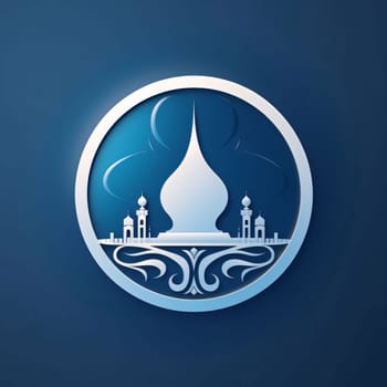 Logo symbol of a mosque tower in a circle, dark blue background. Mosque as a place of prayer for Muslims. A time to meet with Allah.