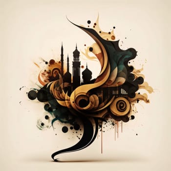 Illustration with decorations, mosque and minarets bright background. Mosque as a place of prayer for Muslims. A time to meet with Allah.