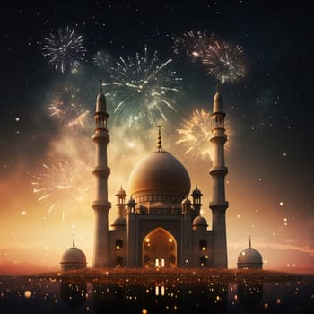 A large mosque and explosions of firing colorful fireworks against the backdrop of the night sky sunset. Mosque as a place of prayer for Muslims. A time to meet with Allah.
