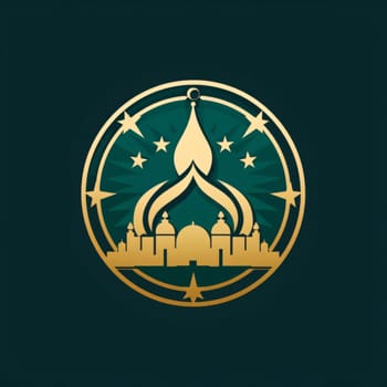 Logo, illustration of mosque with flame in golden circle dark background. Mosque as a place of prayer for Muslims. A time to meet with Allah.