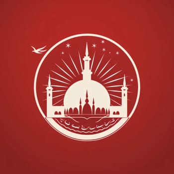 Logo, illustration of mosque with flame in golden circle red background. Mosque as a place of prayer for Muslims. A time to meet with Allah.