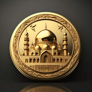 Coin with an image of a mosque dark background. Mosque as a place of prayer for Muslims. A time to meet with Allah.