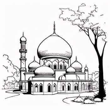Black and white coloring sheet of a mosque. Mosque as a place of prayer for Muslims. A time to meet with Allah.