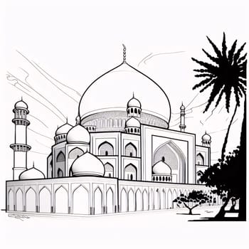 Black and white coloring sheet of a mosque. Mosque as a place of prayer for Muslims. A time to meet with Allah.