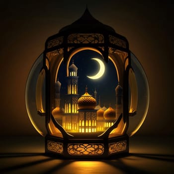 Lantern in the middle view of the mosque towers and the moon. Mosque as a place of prayer for Muslims. A time to meet with Allah.