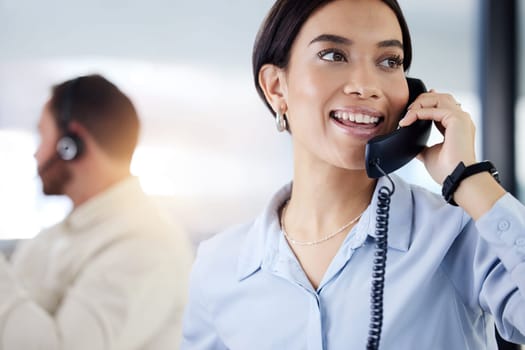 Business, telephone and woman with conversation, office and communication for planning, schedule and talking. Lens flare, corporate professional and employee with discussion, agent and consultant.