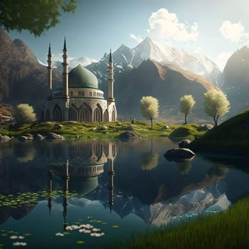 Mosque around the green land of trees mountains, lakes, day. Mosque as a place of prayer for Muslims. A time to meet with Allah.
