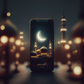 Smartphone screen with crescent mosque around blurred lights. Mosque as a place of prayer for Muslims. A time to meet with Allah.