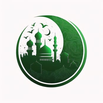 Green logo buildings mosque towers crescent white background. Mosque as a place of prayer for Muslims. A time to meet with Allah.