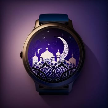Smartwatch with wallpaper in the form of a mosque mosaic, crescent. Mosque as a place of prayer for Muslims. A time to meet with Allah.