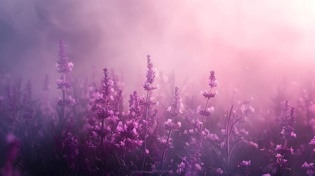 A natural landscape filled with purple flowering plants, with the sun shining through the fog creating a magical violet glow