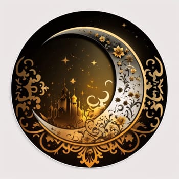 Crescent moon with gold decorations on a white background in a circle. Mosque as a place of prayer for Muslims. A time to meet with Allah.