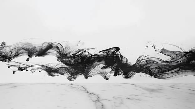 A black and white swirl of smoky ink dispersing on a white background, creating intricate patterns and shapes - Generative AI